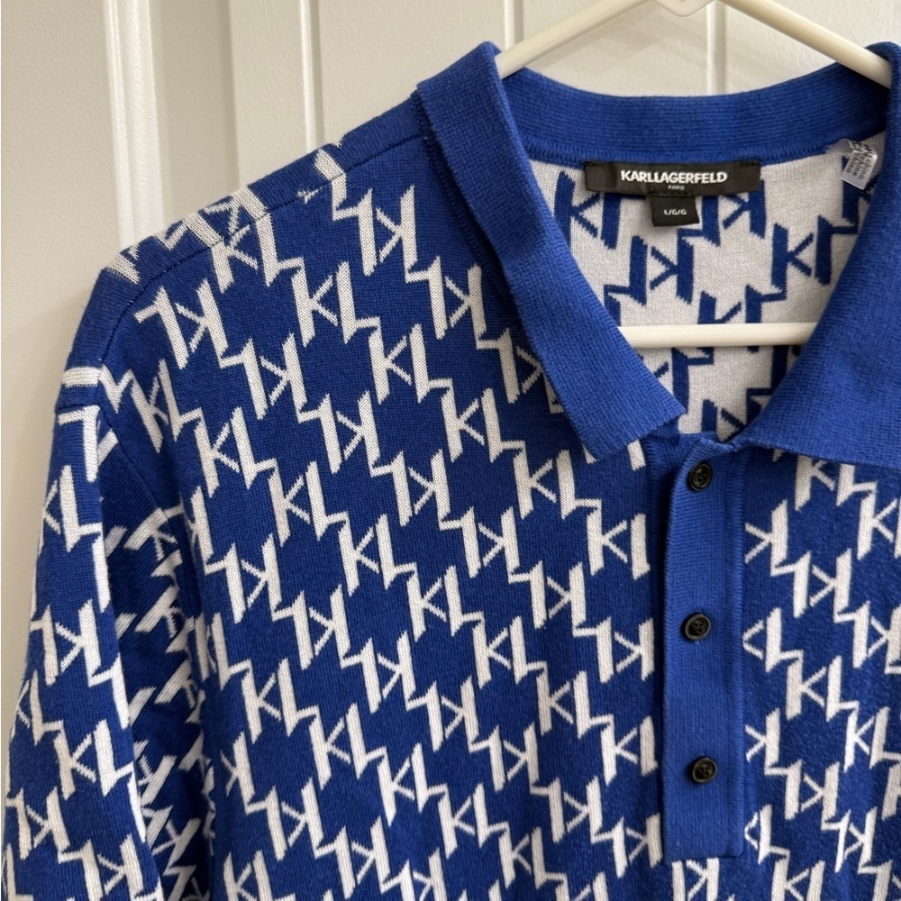 Karl Lagerfeld Blue and White Patterned Knit Polo sz L - Picture 4 of 7